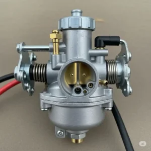 Detailed close-up of a carburetor, a vital component of a cheap bicycle engine kit, showing its design.