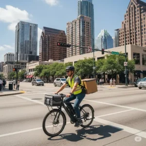 "An ebike charging at a public charging station in Austin, emphasizing the convenience and infrastructure supporting ebikes Austin in the area."