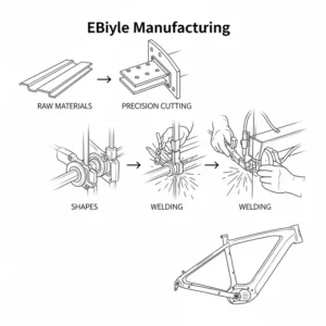 A conceptual illustration showing the stages of ebike frame manufacturing, from raw material to a finished welded frame, emphasizing precision and quality.