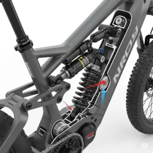 Cutaway view of an advanced ebike suspension system, designed to absorb shock and provide a smooth ride for big guys.