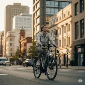 A commuter riding an electric bike through a city street, illustrating sustainable urban transportation.