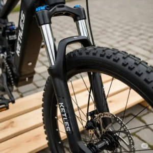 Front suspension system of a Keteles ebike, showcasing comfort and stability on various terrains.