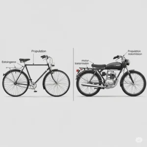 Side-by-side comparison of a traditional bicycle and a motorcycle that looks like a bicycle, illustrating their design similarities and functional differences.