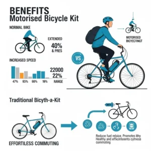 Infographic illustrating the benefits of using a motorised bicycle kit, such as increased speed, extended range, and effortless commuting.
