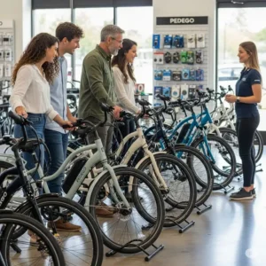 Potential customers inspecting a range of Pedego electric bikes at a dealership, showcasing their quality and appeal.