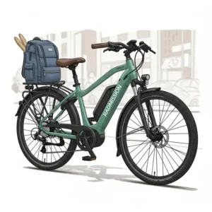 An illustration of a Radmission bike equipped with practical accessories like a rear rack and fenders, enhancing its utility for daily commutes.