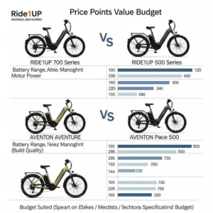 Chart comparing the typical price points and value propositions of popular Ride1Up vs Aventon ebike models, aiding budget-conscious buyers.