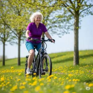 Senior woman effortlessly cycling up a gentle hill on her electric bike, demonstrating the power assist. ebikes for senior women