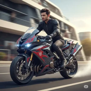 A rider confidently operating a transformer bike in its motorcycle form, wearing futuristic gear, showcasing the user experience and scale.