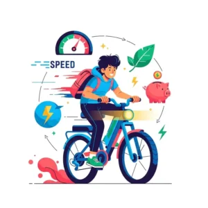 An illustration with icons representing the benefits of young electric bikes, such as speed, eco-friendliness, and cost savings, appealing to a young audience.
