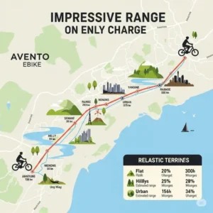 A map illustrating the impressive range of an Avento ebike on a single charge, demonstrating its capability for longer rides.