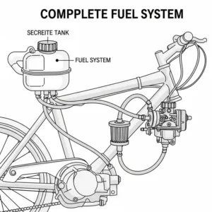 An illustration of the complete fuel system for a cheap bicycle engine kit, including the fuel tank, lines, and filter.