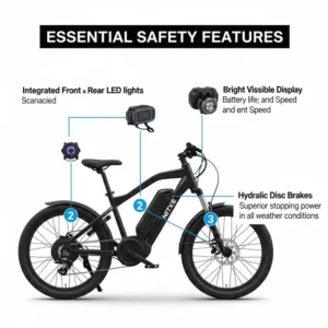 Graphic depicting essential electric bike safety features, such as integrated lights and hydraulic brakes. electricebike