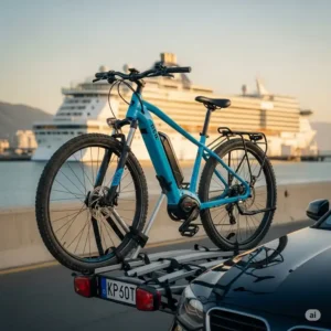 An ebike securely mounted on a car's bike rack, ready for transport to a new destination to begin an exciting ebike cruise adventure.