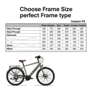 A chart providing a guide for selecting the correct ebike frame size based on rider height and inseam, ensuring optimal fit and comfort for various ebike frames.