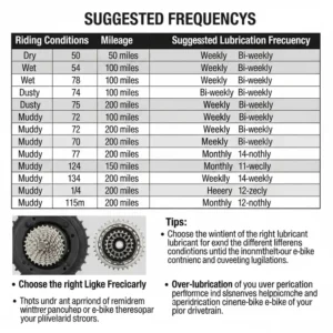 A chart outlining suggested frequencies for e-bike chain lubrication based on different riding conditions and mileage to help you know when to lube ebike chain.
