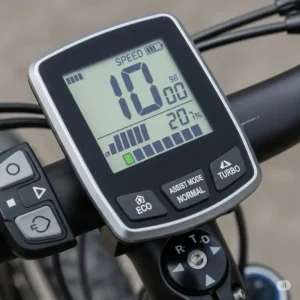 Close-up of an electric-assist bike's handlebar display and controller, showing key information like speed, battery level, and assist mode, crucial for managing the electric assist system.