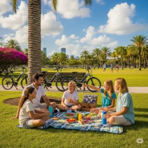 A family enjoying a relaxing picnic in a vibrant Miami park, with their electric bicycles parked nearby, showcasing the recreational benefits of e-bike adventures for families.