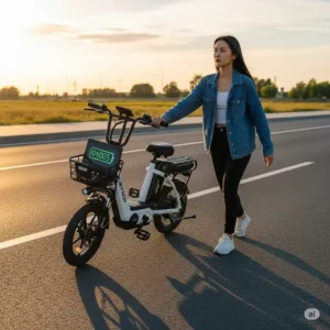 "A person pushing a Jetson ebike, highlighting the inconvenience of a dead battery when you have no charger."