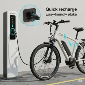 Keteles ebike conveniently charging, demonstrating its easy-to-use charging port and quick recharge capabilities.