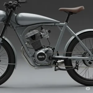  A detailed view of the compact engine seamlessly integrated into the frame of a motorcycle that looks like a bicycle, maintaining its slim profile.