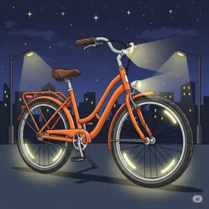 Illustration detailing the safety features of a step through bike in orange color, including bright lights for visibility.