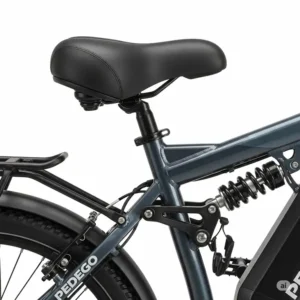 A detailed shot of a Pedego electric bike's comfortable saddle and suspension system, addressing comfort aspects frequently noted in pedego electric bikes reviews.