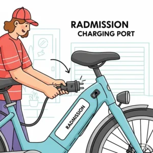 Illustration showing the simple process of charging a Radmission bike, highlighting its convenient charging port.