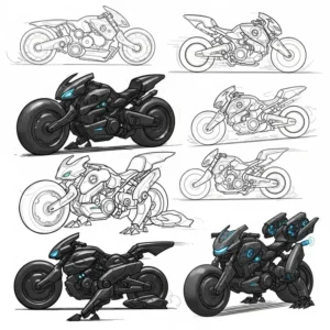 Early concept art sketch of a transformer bike, exploring various design possibilities and futuristic features, illustrating the creative process.