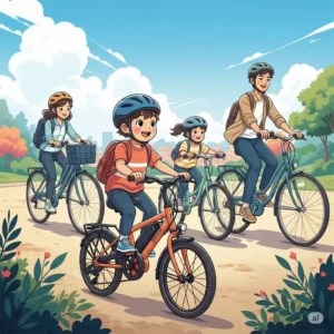 An illustration of a family enjoying a ride together, with a young family member on an electric bike, showing how young electric bikes can integrate into family activities.