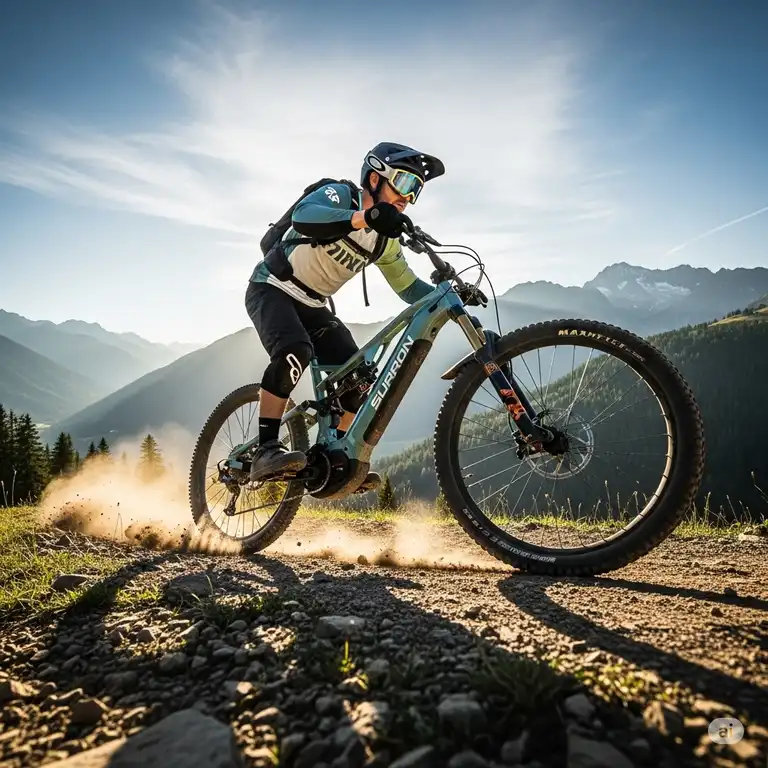 A powerful rider on a 1500w electric bike cruising along a scenic mountain trail, highlighting the bike’s speed and rugged design.