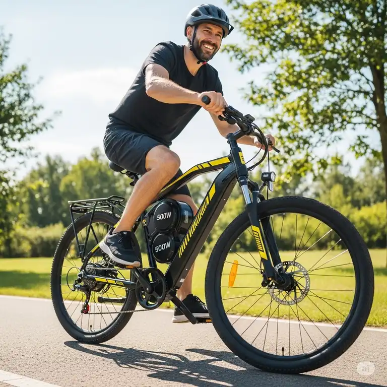 A man smiling while riding a black and yellow 500w e bike on a paved path, showcasing its powerful motor and stylish design.