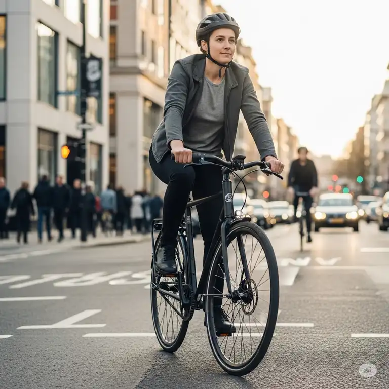 A person confidently rides a sleek belt drive commuter bike through a bustling urban street, highlighting the bike's clean and low-maintenance design.