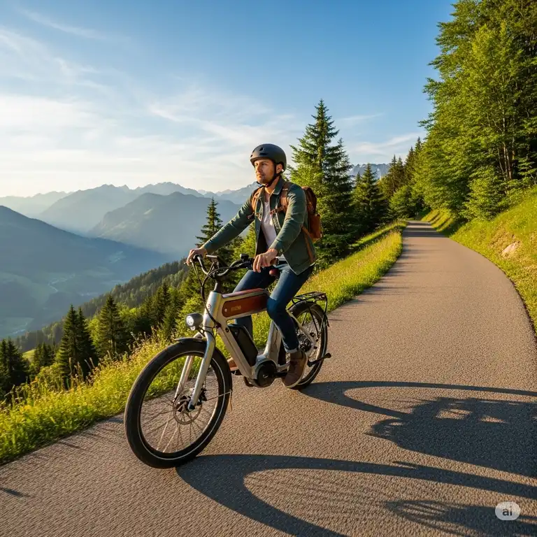 A person riding a stylish electric bike on a scenic path, showcasing the best e-bikes under $2000.
