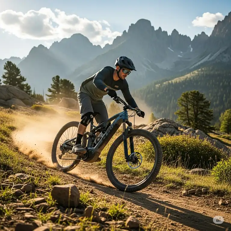 A mountain biker rides a best full suspension ebike on a scenic trail with mountains in the background.