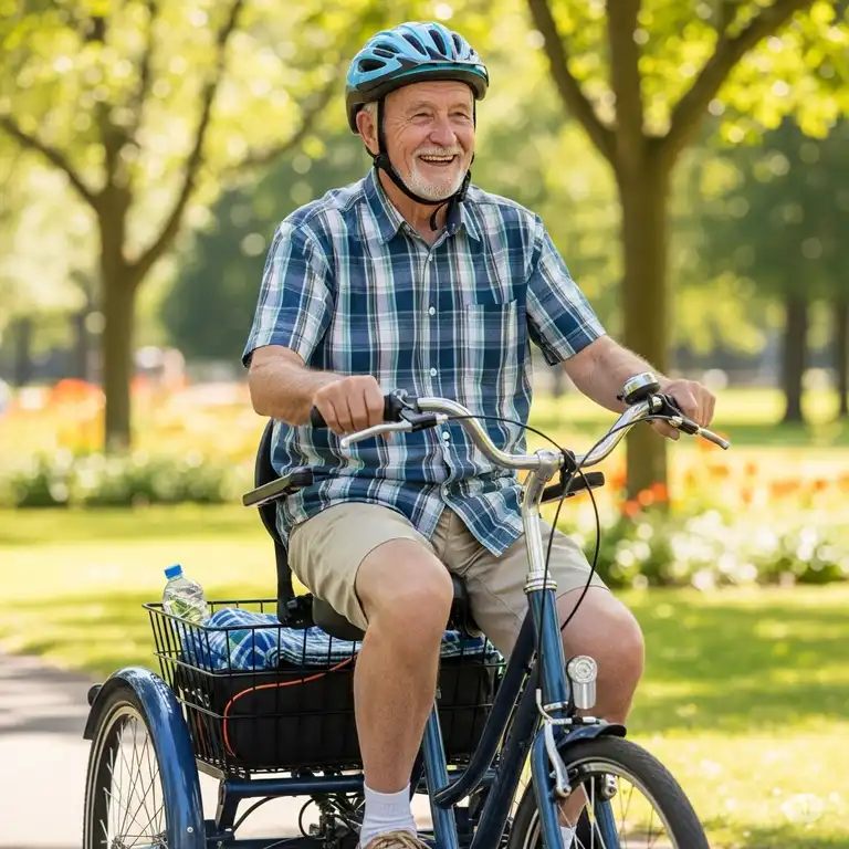 A happy senior man on a comfortable three-wheeled bicycles for seniors, smiling and wearing a helmet.