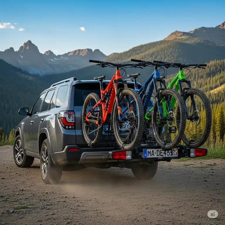 A gray SUV with a hitch-mounted bike rack car 3 bikes.