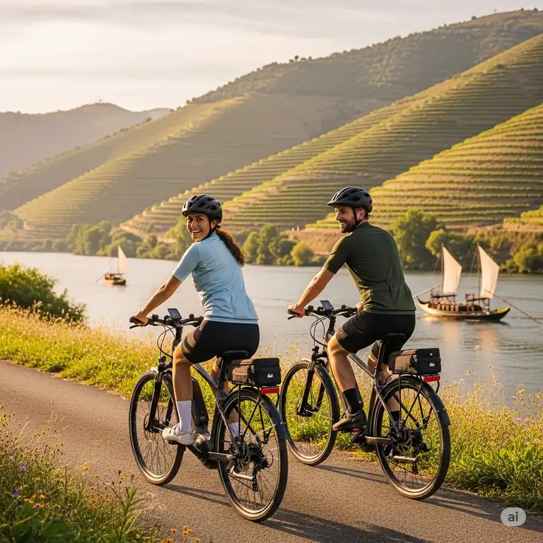 A couple smiles while riding a douro river ebike, passing terraced vineyards and traditional boats on a guided tour.