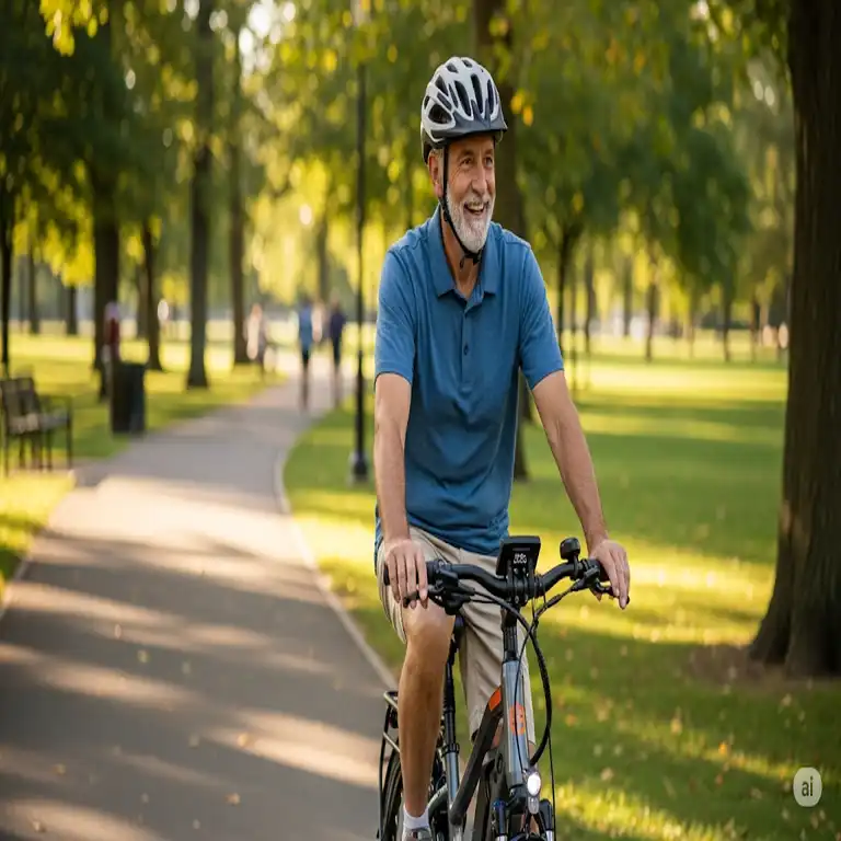 A smiling senior man on an electric bike for senior citizen on a paved park trail, showcasing the joy and ease of use.