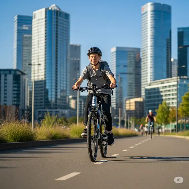 A teenager on a modern, stylish electric bike for teens, wearing a helmet and backpack, riding on a paved path with a cityscape in the background, showing the convenience and fun of e-biking.