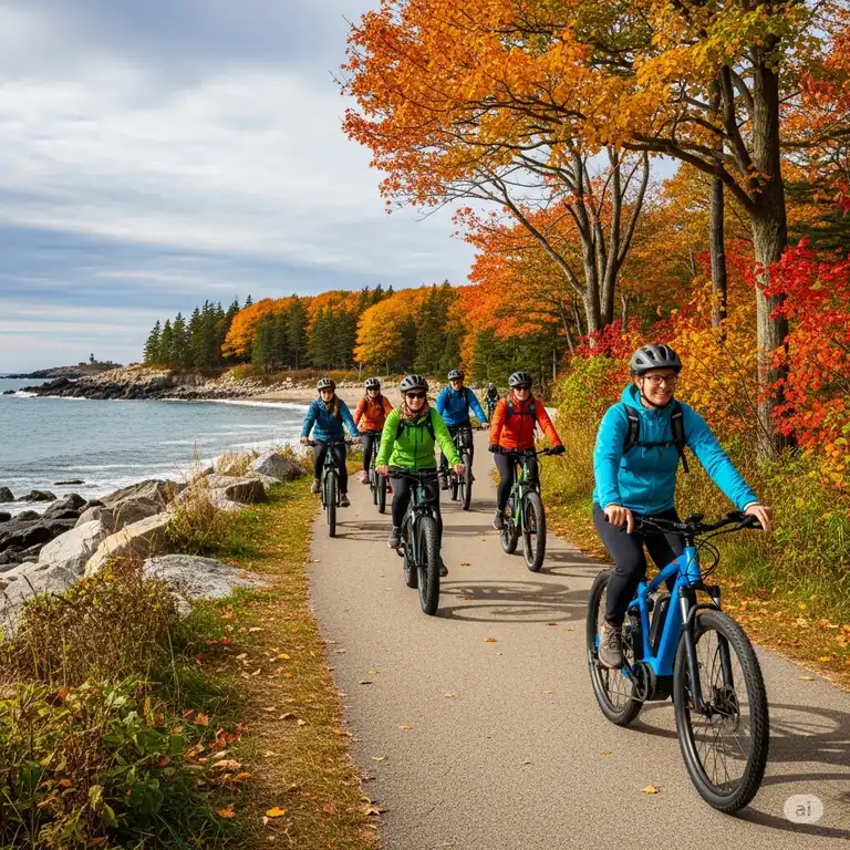 A group of riders on various electric bikes of new england exploring a scenic coastal path with autumn foliage.