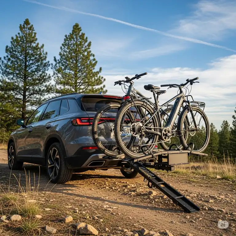 A gray SUV with a black hitch-mounted e bike rack with ramp, holding two electric bikes, is parked on a dirt trail.