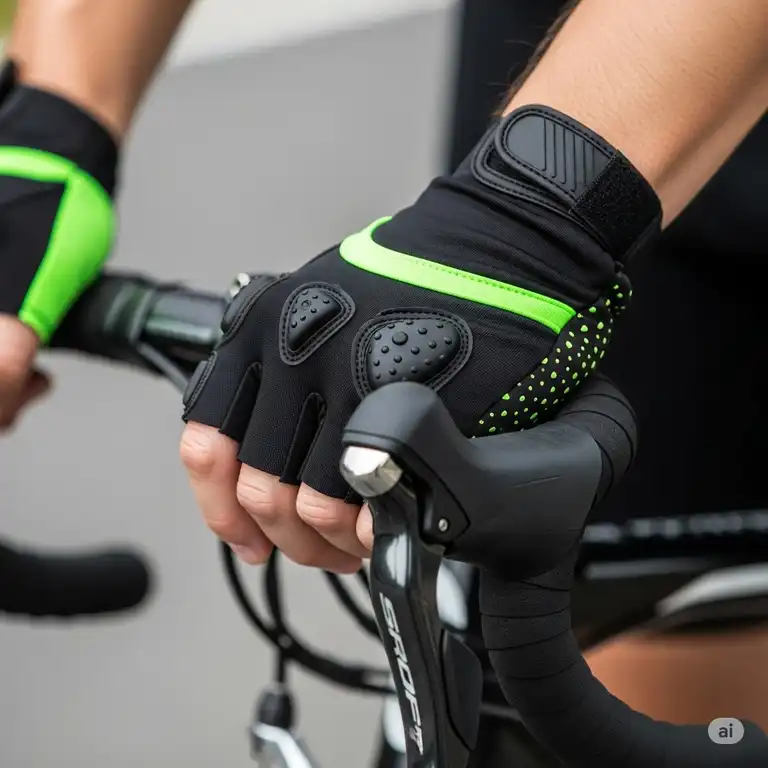 A close-up shot of a cyclist's hands wearing black and neon green fingerless bicycle gloves gripping the handlebars of a road bike.