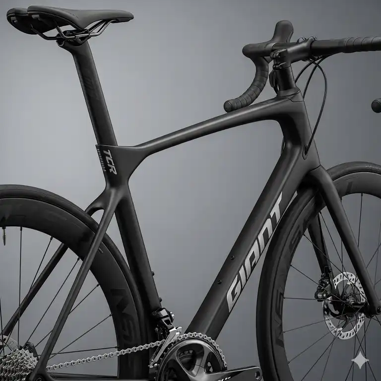 A close-up shot of a sleek, black Giant road bike TCR Advanced Pro in a professional studio setting.