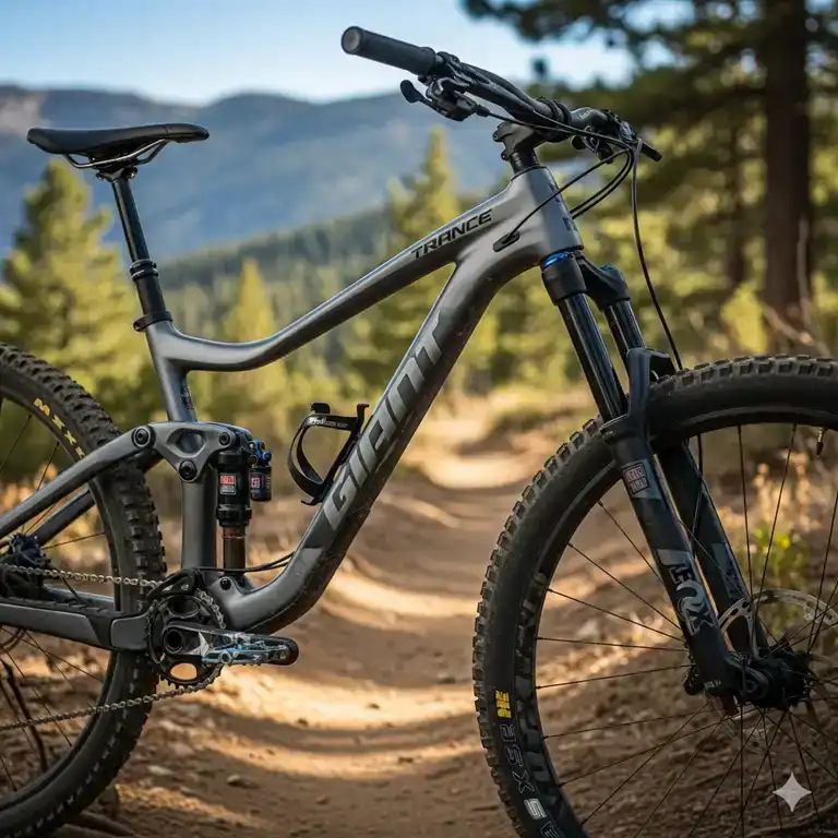 A close-up shot of a modern Giant Trance full-suspension mountain bike on a scenic trail, highlighting its sleek design and advanced suspension system.