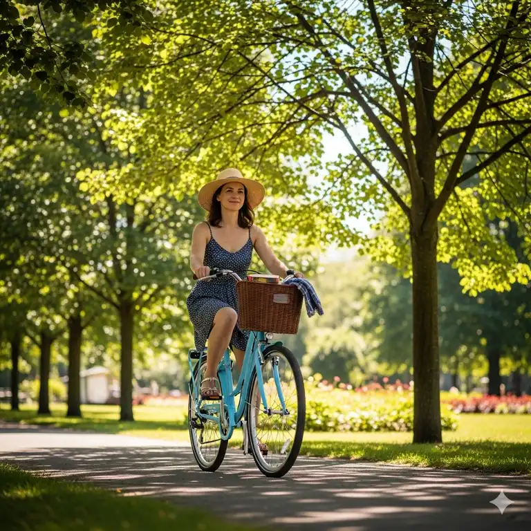 A woman rides a light blue ladies comfort bicycle with a basket through a park on a sunny day. The bike features a step-through frame, a wide saddle, and upright handlebars for a relaxed posture.