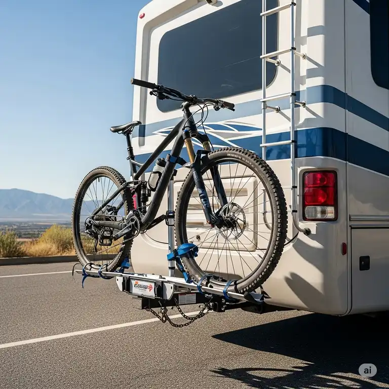 A featured image showing a sturdy, full-suspension mountain bike securely mounted on a hitch-mounted rv bike rack attached to the back of a large recreational vehicle, ready for a road trip.