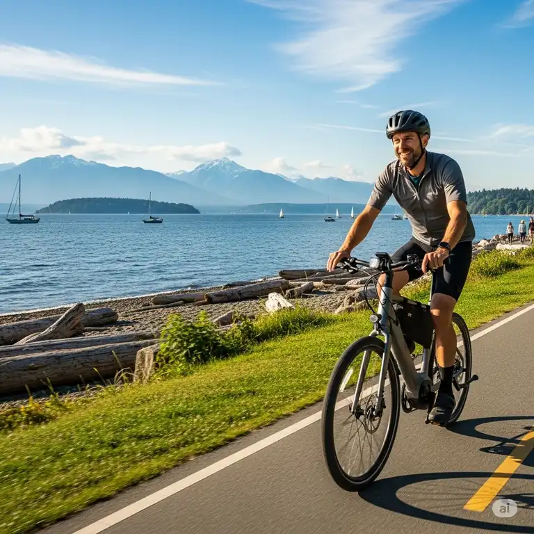 A man on a sleek seattle e bike smiles while riding along the scenic waterfront trail at Golden Gardens Park, with the Puget Sound and Olympic Mountains in the background on a sunny day in Seattle. This high-quality photo showcases the joy and practicality of using a seattle e bike for recreation and commuting.