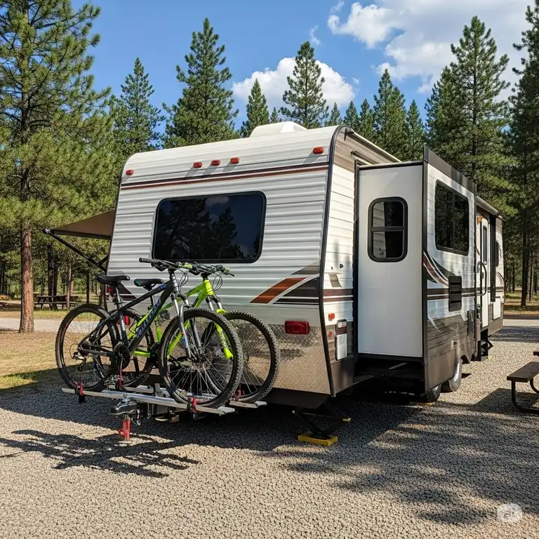 A family's travel trailer with a hitch-mounted bike rack holding two mountain bikes, ready for an outdoor adventure.