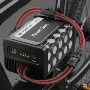 A close-up of a high-capacity lithium-ion battery pack, the heart of the 48v ebike system.